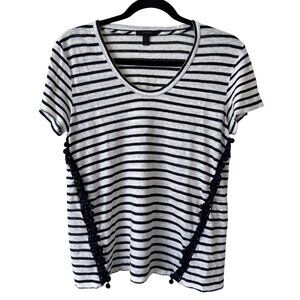J. Crew 100% Linen Stripe Pom Pom Tassel Short Sleeve Tee Shirt - Medium
